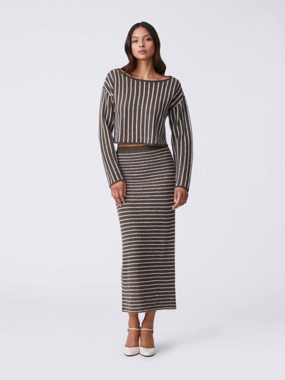 Rowing Blazers Striped Mohair Sweater Midi Skirt 2 Piece Set Green Size S